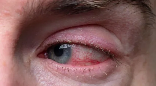 Imagem mostra Olho vermelho, lacrimejando, coçando, irritado e com sensibilidade à luz devido à blefarite: inflamação da borda palpebral com acúmulo de crostas