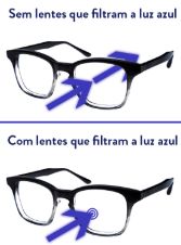 Imagem mostra óculos sem filtro e com filtro de luz azul