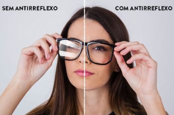 Imagem da esquerda pra direita mostrando filtros e tratamentos das lentes: sem antireflexo e com antireflexo